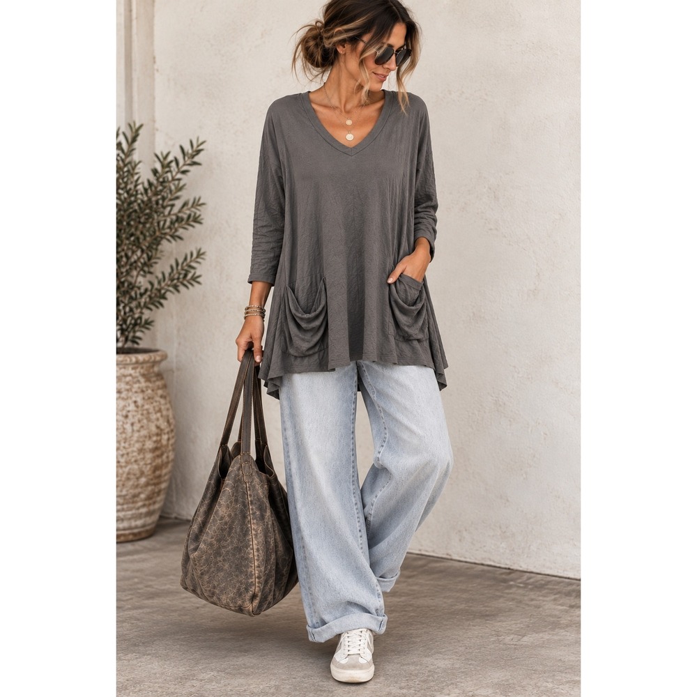 Tunic Top Draped Pockets Gray Lagenlook Style Casual V-Neck Size Medium